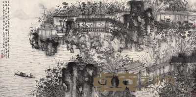 何加林 壬午（2002年）作 水阁清秋 镜心 69×138cm